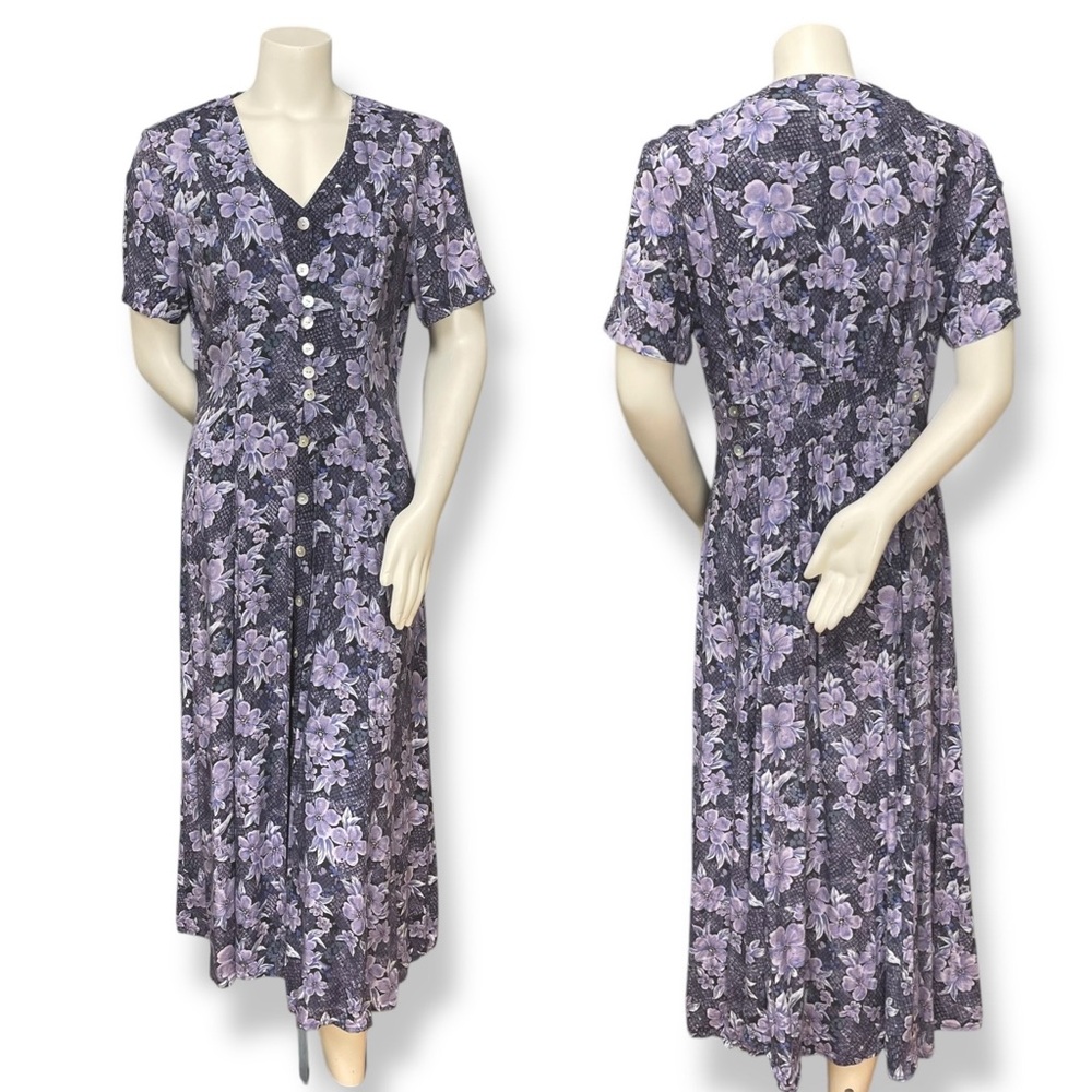 Vintage 90s Floral Dress Layered Look Snakeskin Print Shell Buttons Purple Rayon